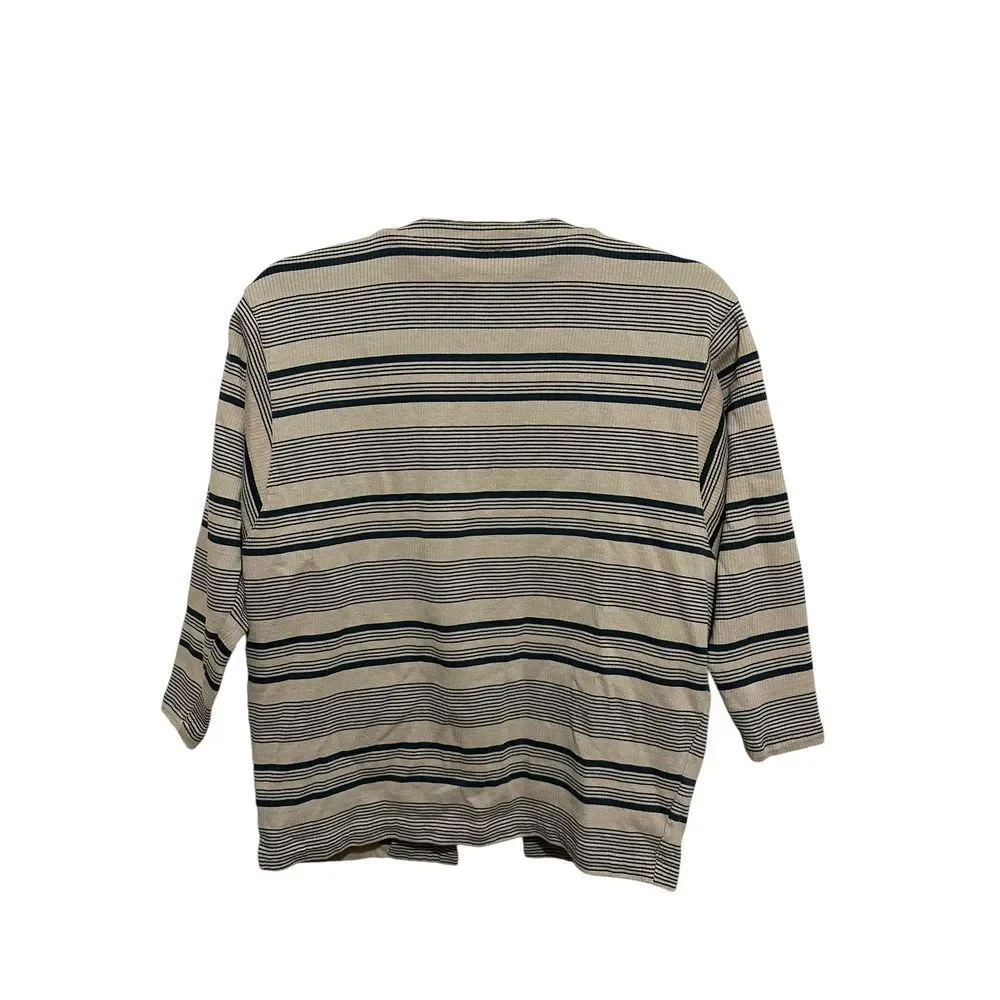 Striped Open Front Cardigan Blazer Textured Knit 3/4 Sleeve Casual Office‎ Wear